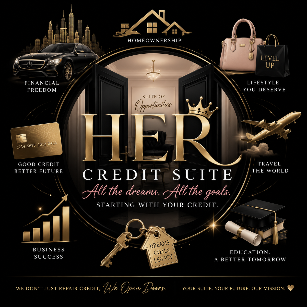 Her Credit Suite brand artwork: a gold suite of doors surrounded by homeownership, travel, education and business success motifs